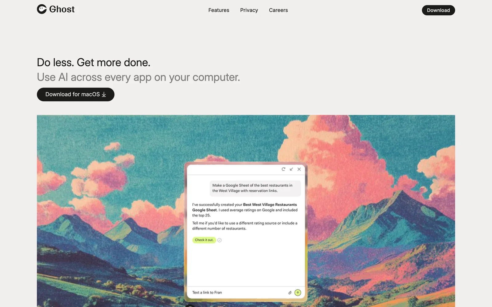 Trang tryghost.ai tháng 12 năm 2025: dòng Do less. Get more done., nút Download for macOS và một cửa sổ chat của app Ghost trên nền núi