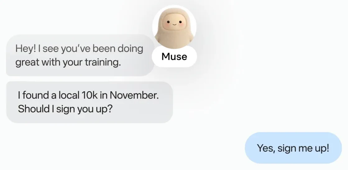 Hội thoại với Muse: Muse nhắn rằng bạn đang tập tốt và đã tìm được một giải chạy 10k vào tháng 11, hỏi có đăng ký không; người dùng trả lời Yes, sign me up