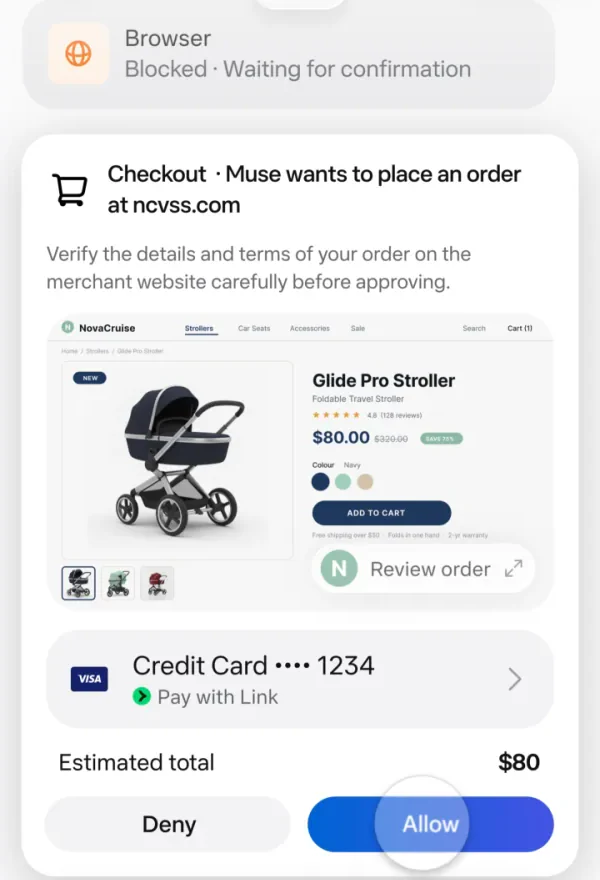 App Muse trên điện thoại: thẻ Browser ghi Blocked, Waiting for confirmation; dưới đó là thẻ Checkout nói Muse muốn đặt một chiếc xe đẩy giá 80 đô, thẻ tín dụng bốn số cuối 1234, và hai nút Deny với Allow