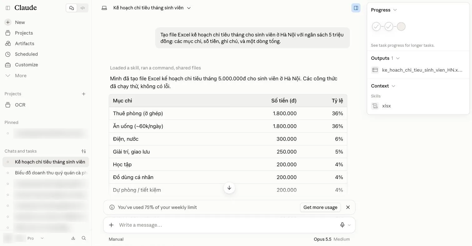 Tác vụ đã xong: dòng tóm tắt Loaded a skill, ran a command, shared files; câu trả lời của Claude; bảng Mục chi, Số tiền, Tỷ lệ với thuê phòng 1.800.000 và ăn uống 1.800.000; bảng bên phải mở Progress với ba chấm, Outputs có file ke_hoach_chi_tieu_sinh_vien_HN.xlsx và Context có skill xlsx.