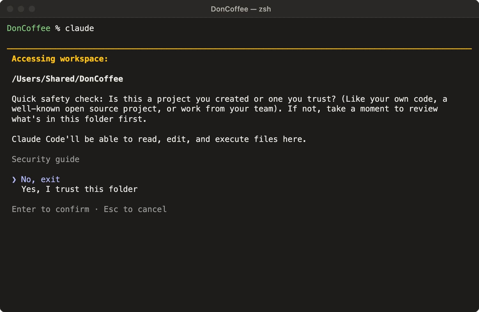 Terminal ở thư mục DonCoffee vừa gõ claude. Claude Code hỏi Accessing workspace /Users/Shared/DonCoffee, có tin thư mục này không, với hai lựa chọn No, exit và Yes, I trust this folder.