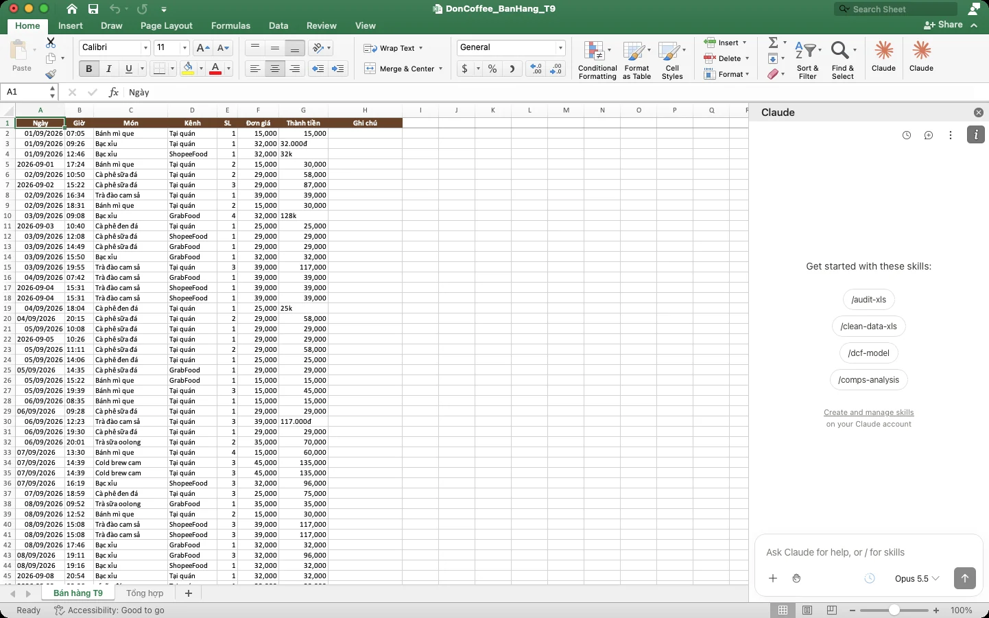 Excel mở sổ bán hàng tháng 9 của quán cà phê, khung Claude mở bên phải với bốn skill gợi ý.