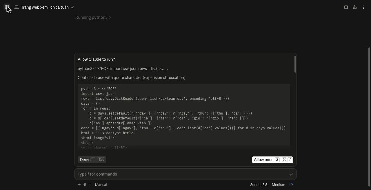 Hộp Allow Claude to run? với đoạn lệnh python3 đọc lich-ca-tuan.csv, dòng lý do Contains brace with quote character (expansion obfuscation), và hai nút Deny, Allow once.