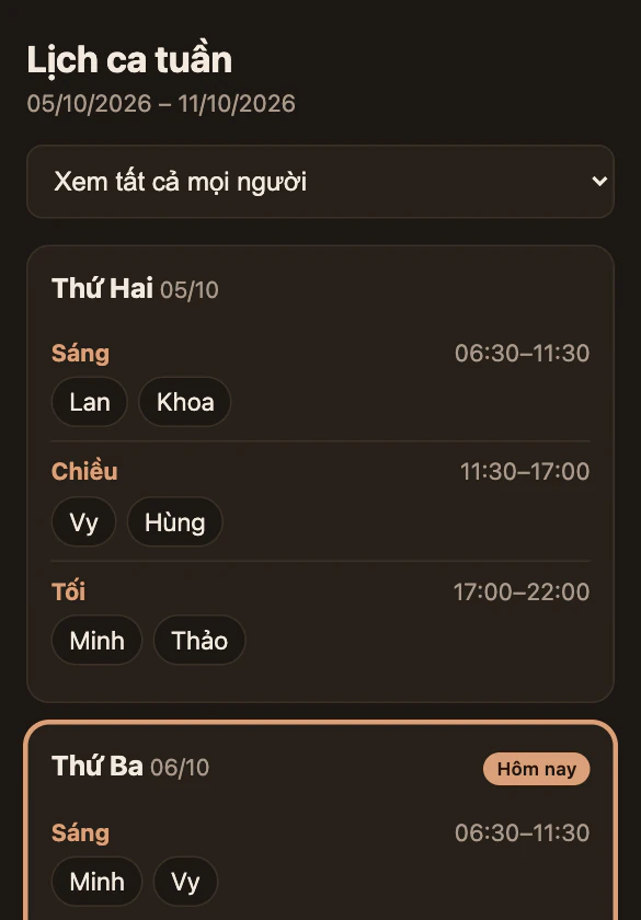 Trang Lịch ca tuần 05/10/2026 – 11/10/2026 trên khổ điện thoại: ô chọn Xem tất cả mọi người, thẻ Thứ Hai với ba ca, và thẻ Thứ Ba có viền cam và nhãn Hôm nay.