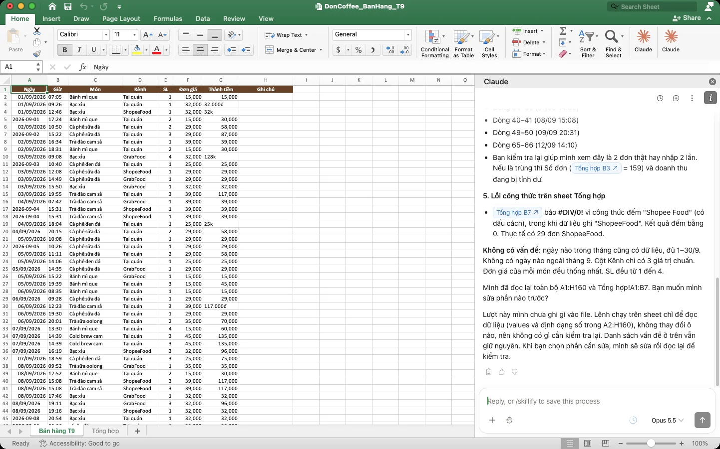 Mục 5 của câu trả lời với trích dẫn Tổng hợp B7, bên trái là sheet Bán hàng T9.