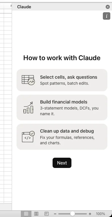 Màn hình How to work with Claude với ba thẻ: hỏi về ô đang chọn, dựng mô hình tài chính, dọn dữ liệu và sửa lỗi.