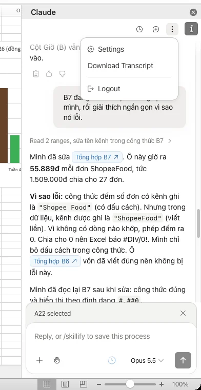 Menu ba chấm mở ra: Settings, Download Transcript, Logout.