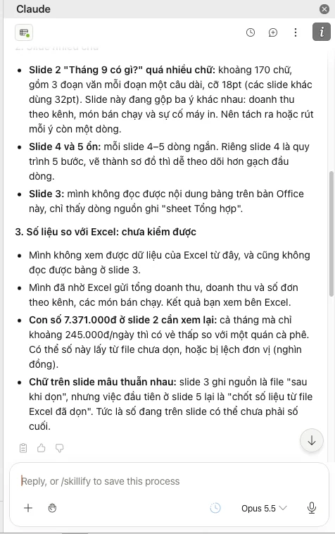 Mục 2 và 3 của câu trả lời: slide 2 quá nhiều chữ, số liệu so với Excel chưa kiểm được, con số 7.371.000đ cần xem lại.