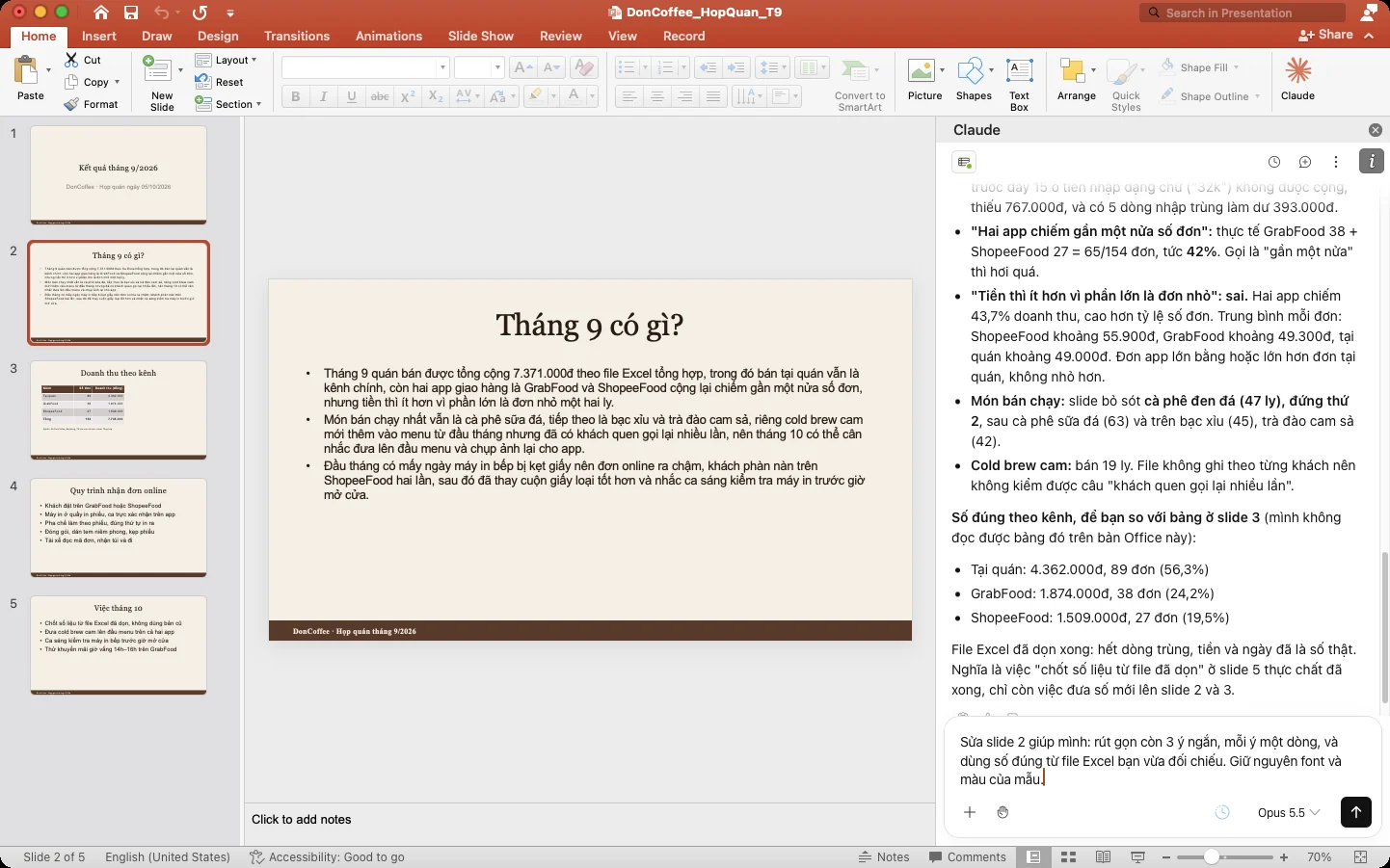 Slide 2 với ba đoạn văn dài cỡ 18pt, câu lệnh sửa đã gõ trong khung Claude.