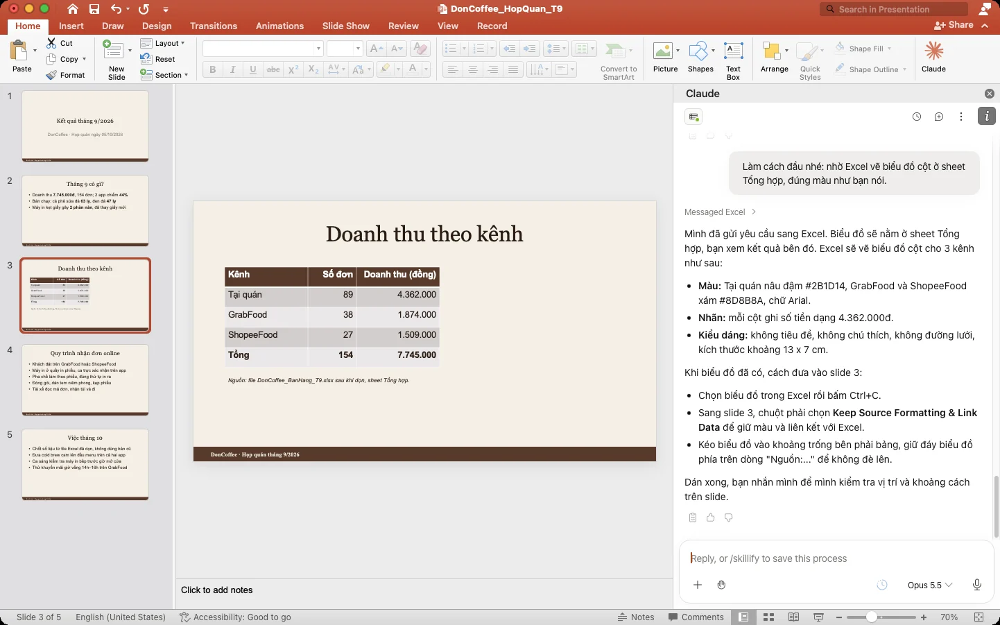 Khung Claude trong PowerPoint: dòng Messaged Excel, màu và nhãn của biểu đồ, cách dán vào slide 3.