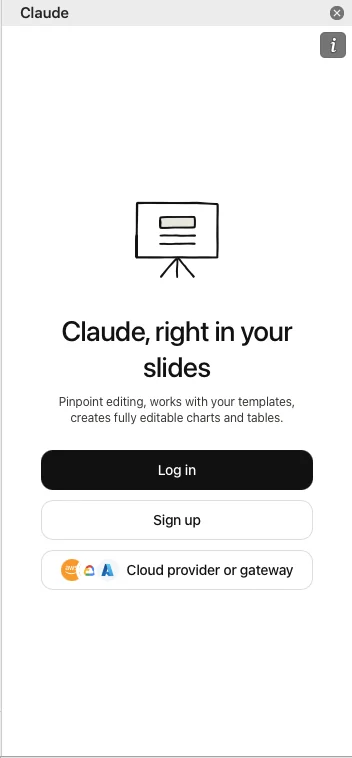 Màn hình Claude, right in your slides với ba nút Log in, Sign up và Cloud provider or gateway.