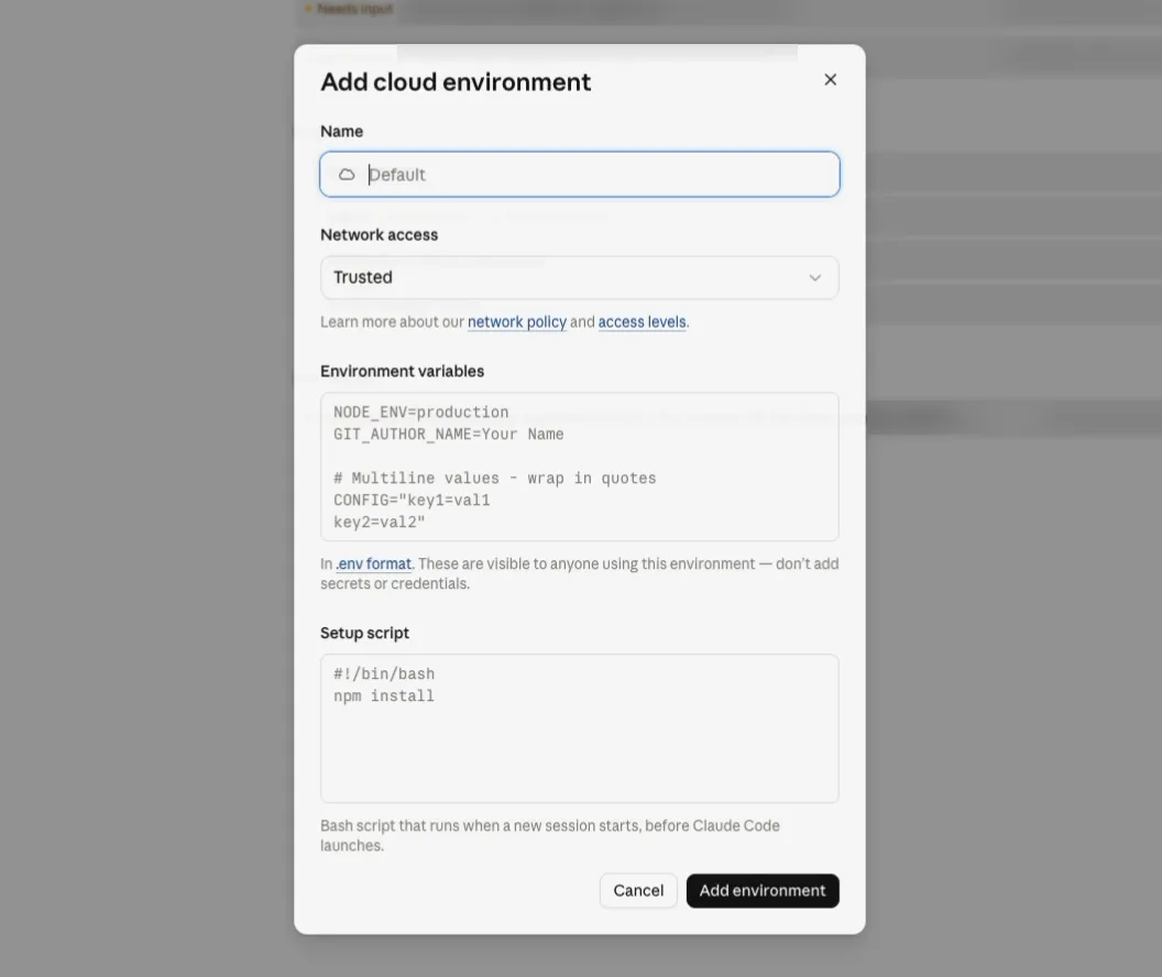 Hộp thoại Add cloud environment: ô Name với chữ mờ Default, Network access đang chọn Trusted, ô Environment variables có dòng ví dụ NODE_ENV=production, ô Setup script có #!/bin/bash và npm install, nút Cancel và Add environment. Phía sau là màn hình chính đã làm mờ.