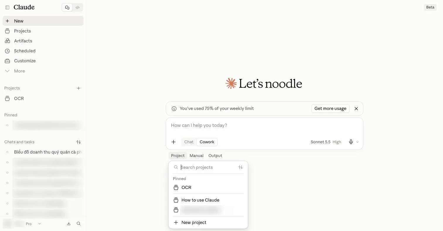 Danh sách dự án mở dưới nút Project: ô Search projects, nhóm Pinned với dự án OCR, dự án How to use Claude, một dự án đã làm mờ tên và nút New project.