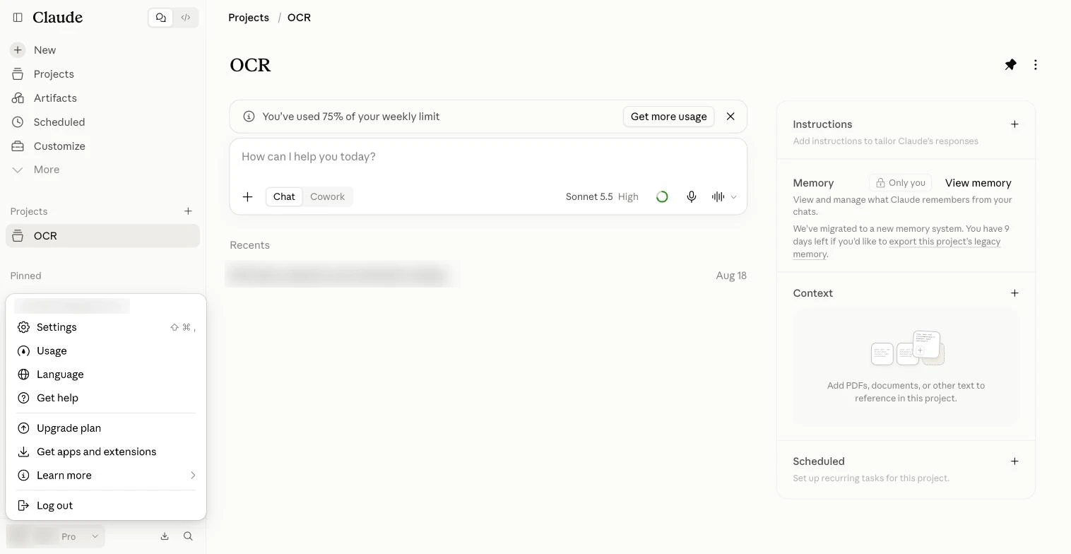 Menu tài khoản mở từ góc dưới trái: Settings, Usage, Language, Get help, Upgrade plan, Get apps and extensions, Learn more, Log out.