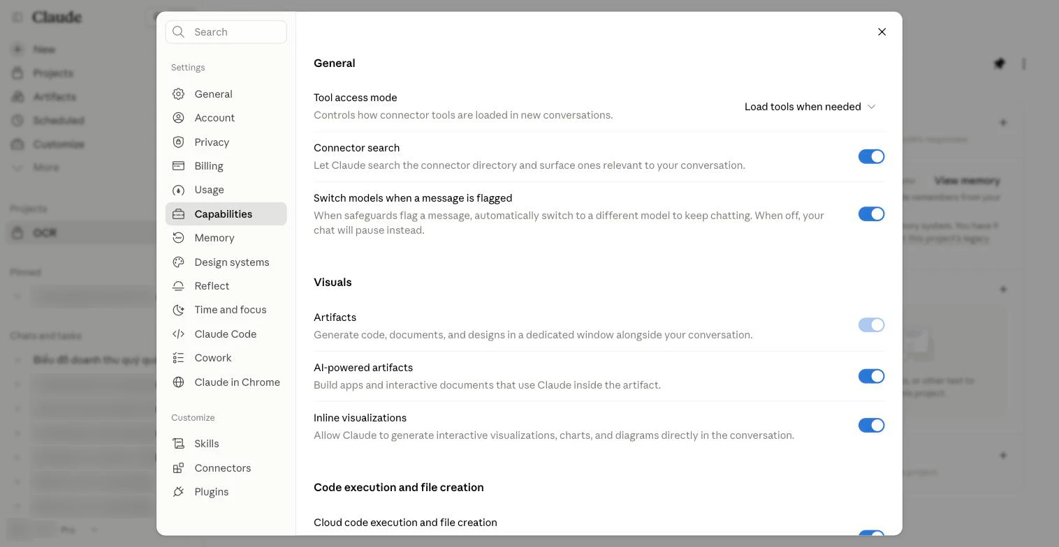 Trang Settings, mục Capabilities: Tool access mode, Connector search, Switch models when a message is flagged, Artifacts, AI-powered artifacts, Inline visualizations, Code execution and file creation.