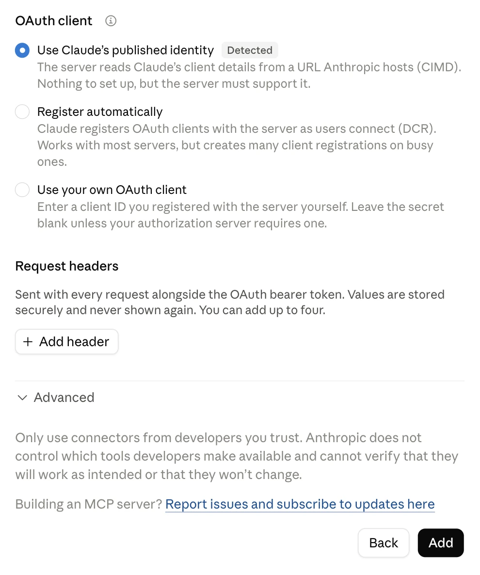Bước 2 của hộp Add custom connector. Claude đã chọn Use Claude's published identity, có nhãn Detected. Nút Add được khoanh.