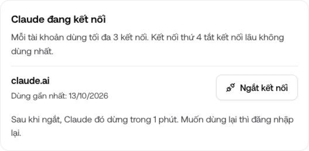 Mục Claude đang kết nối trên trang Đã mua. Có một kết nối claude.ai. Nút Ngắt kết nối được khoanh.