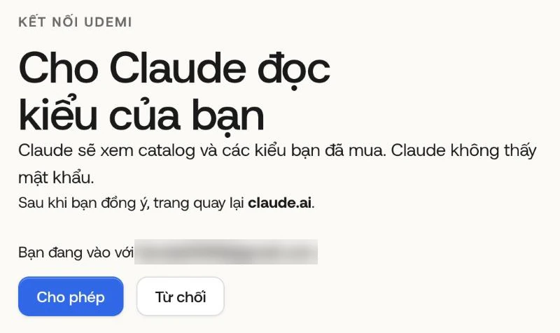 Trang Kết nối udemi: Cho Claude đọc kiểu của bạn. Email tài khoản bị làm mờ. Nút Cho phép được khoanh.